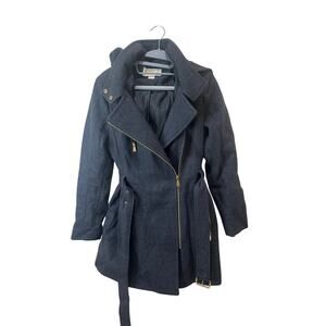 Michael Kors Gray Wool Blend Belted Coat Full Zip Walker Hooded Gold Sz 6 GREAT